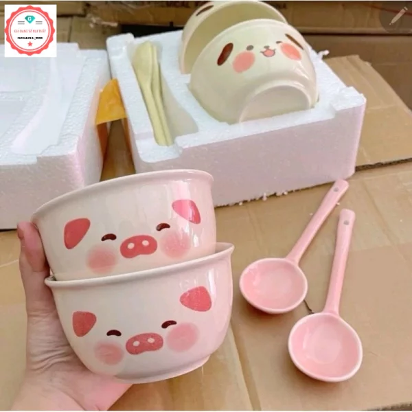 Set 2 Bát Gốm Sứ Heo, Cún Kèm Thìa Dễ Thương